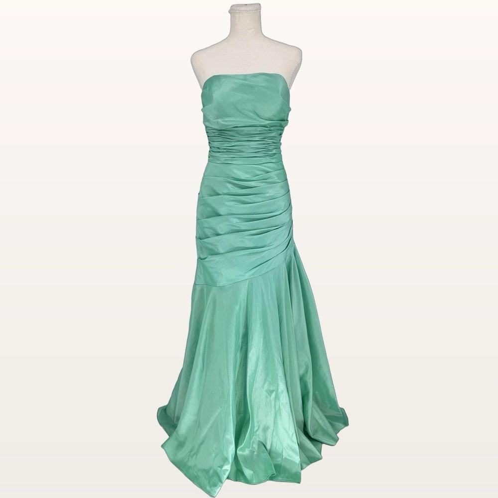 Y2K Flash Mac Duggal Seafoam Mermaid Strapless Evening Gown 8 Ruched Formal Gala
